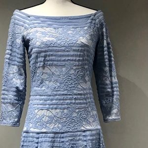 TADASHI SHOJI Womens Off Shoulder Lace Triple Lined High Low Blue Size 6 Gown